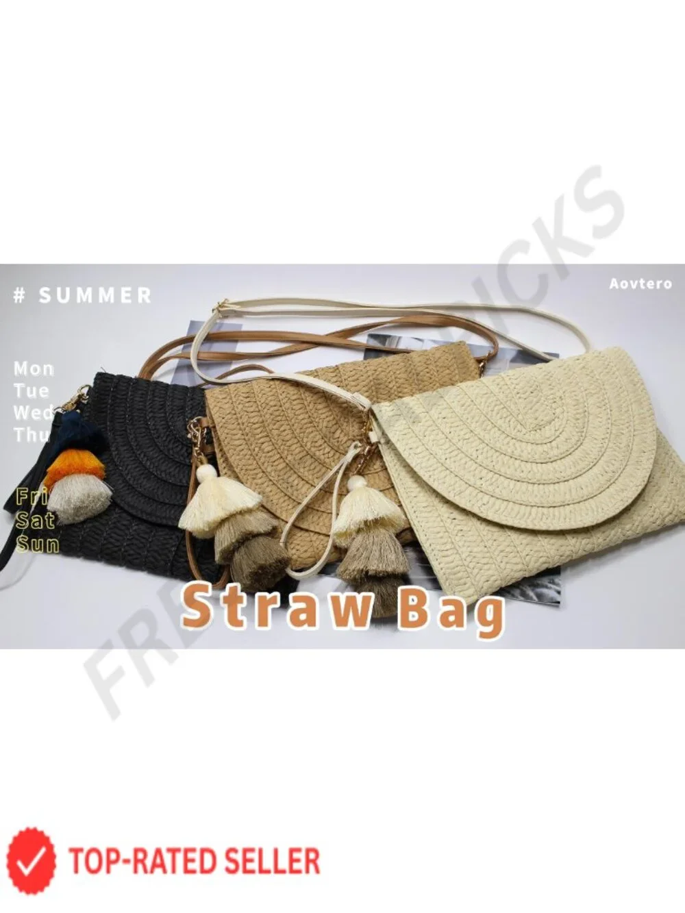 Natural Straw Envelope Clutch with Magnetic Closure, Detachable Crossbody Strap